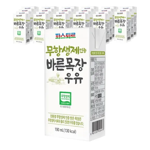 파스퇴르 무항생제 인증 바른목장 우유, 바른목장 190ml, 190ml, 24개